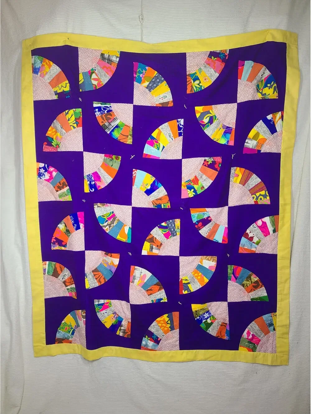 Vintage 70s Fan Tie Quilt Patchwork Polyester Cotton Lap Blanket 54×64
